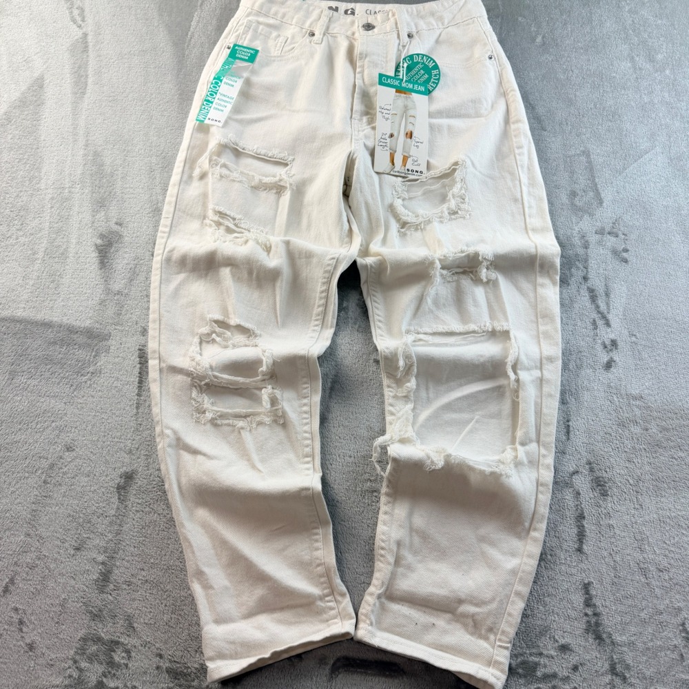 S.O.N.G. Classic Mom Jeans White Distressed High Rise Tapered Denim Size 7/28